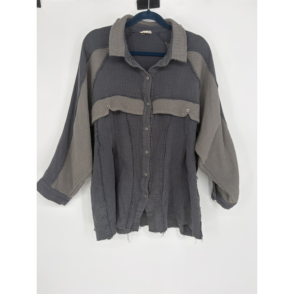 Pol Gauze Thermal Waffle Oversized Button Down Shirt Raw Hems Boho Size Large
